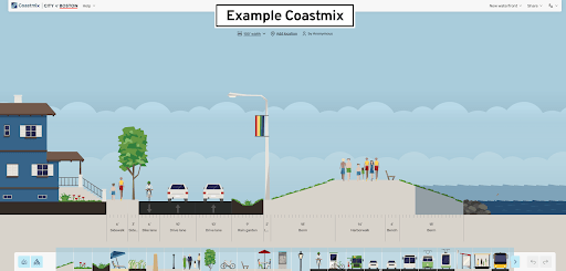 Captura da ferramenta Coastmix com exemplo de passeio elevado e barreira contra inundações.