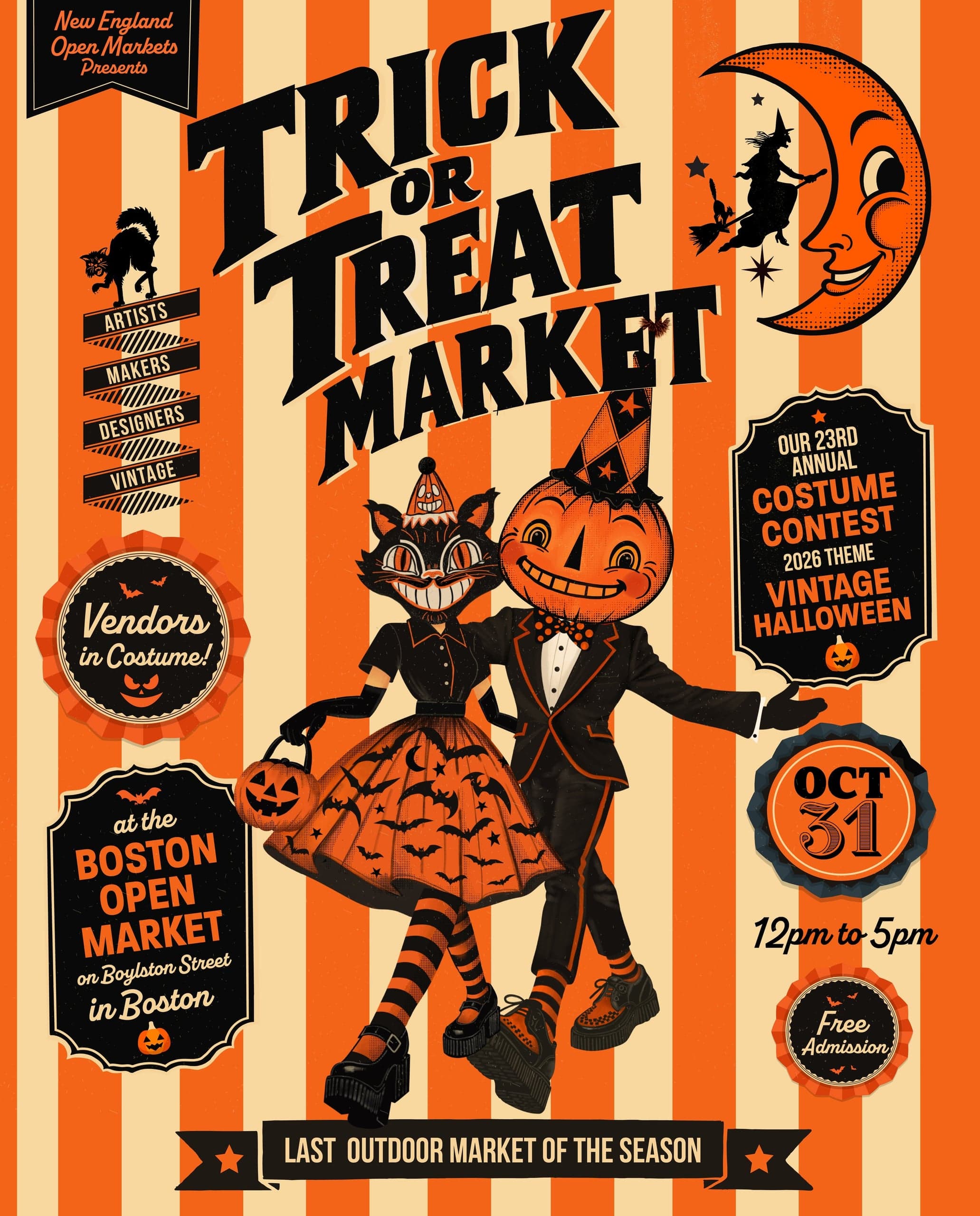 Cartaz do Trick or Treat Market com gato preto e abóbora de Halloween; evento em 31 de outubro, das 12h às 17h.