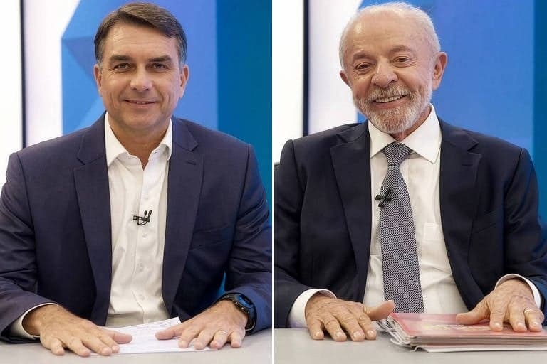 Montagem com Flávio Bolsonaro e Luiz Inácio Lula da Silva durante sabatinas na Globo.